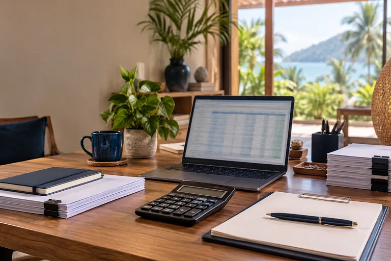 Service illustration: Organised accounting desk with calculator and laptop