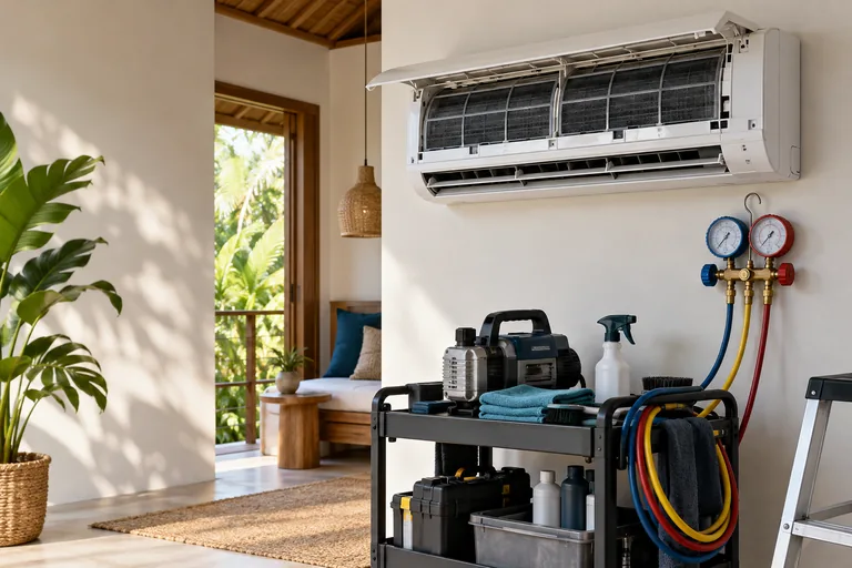 Service illustration: Air conditioning unit and specialist maintenance equipment