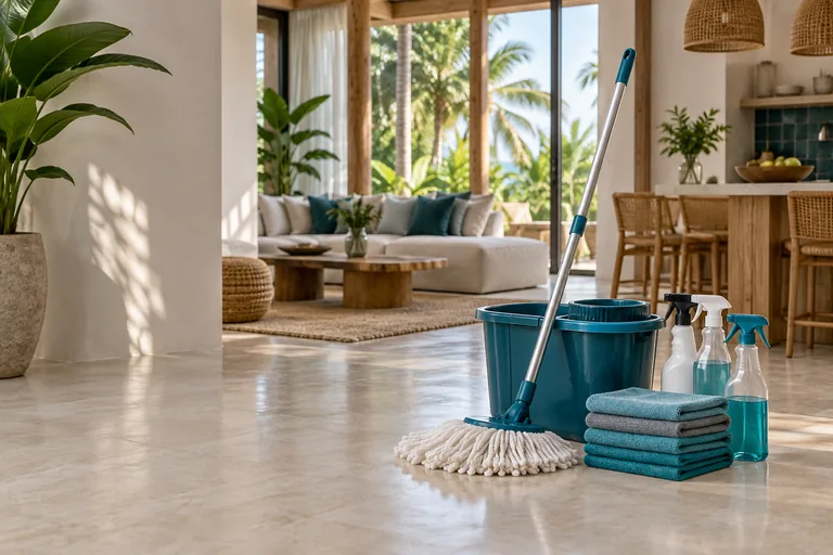 Service illustration: Professional cleaning equipment in a bright tropical home