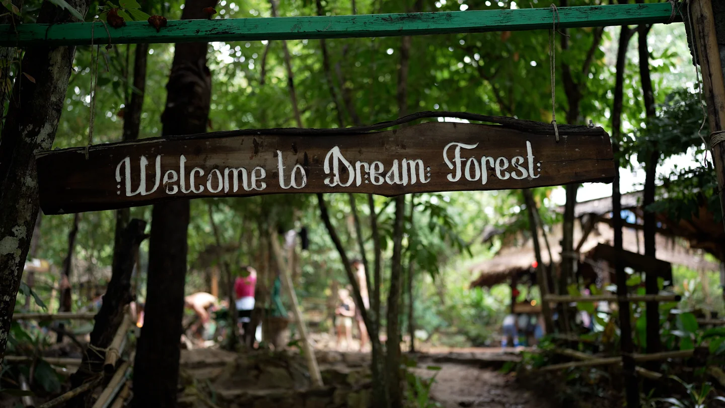 Dream Forest welcome sign and wooded activity grounds