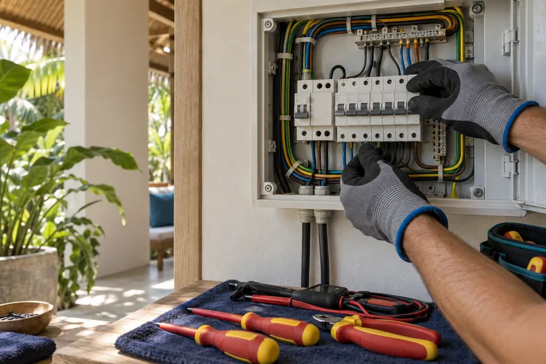 Service illustration: Electrical maintenance tools and an isolated electrical panel