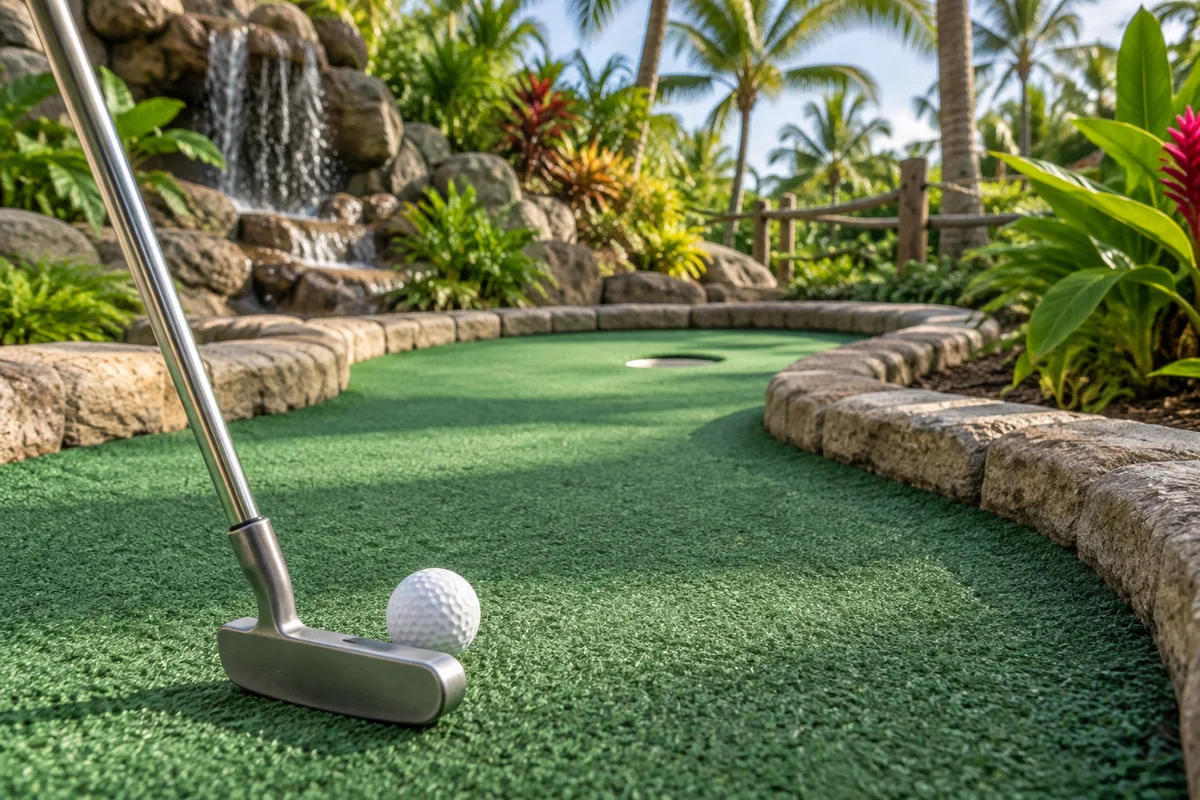 Illustration: a mini-golf lane, putter and golf ball in a tropical garden