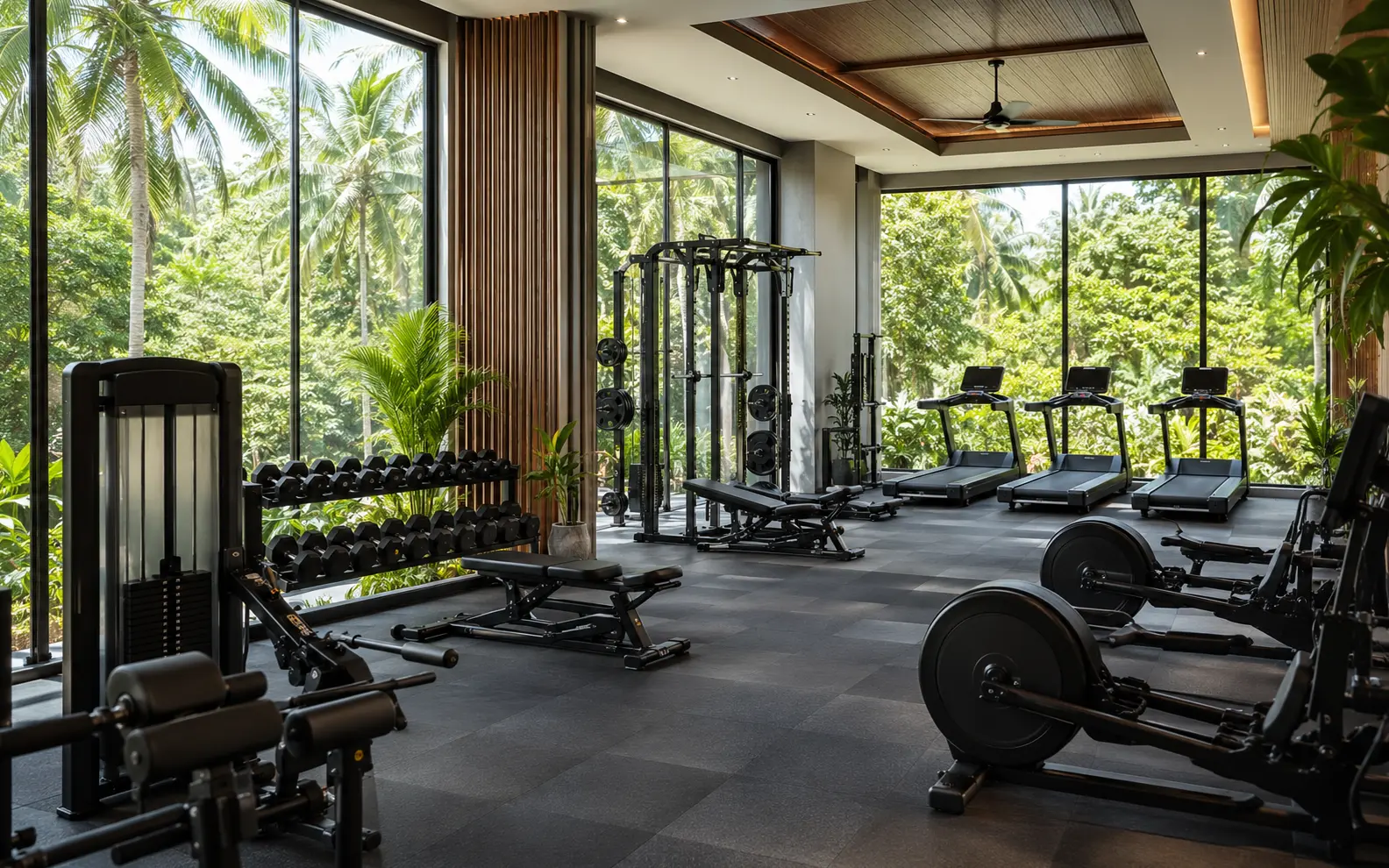 Illustration: strength-training equipment in a modern gym