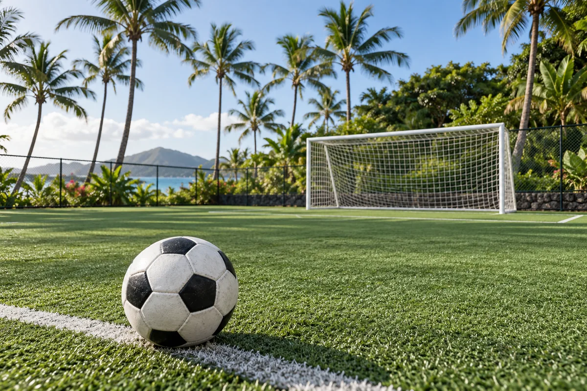 Illustration: a football, goal and playing field surrounded by tropical greenery