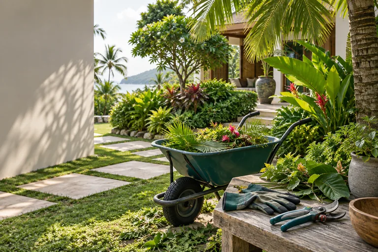 Service illustration: Gardening tools in a maintained tropical garden