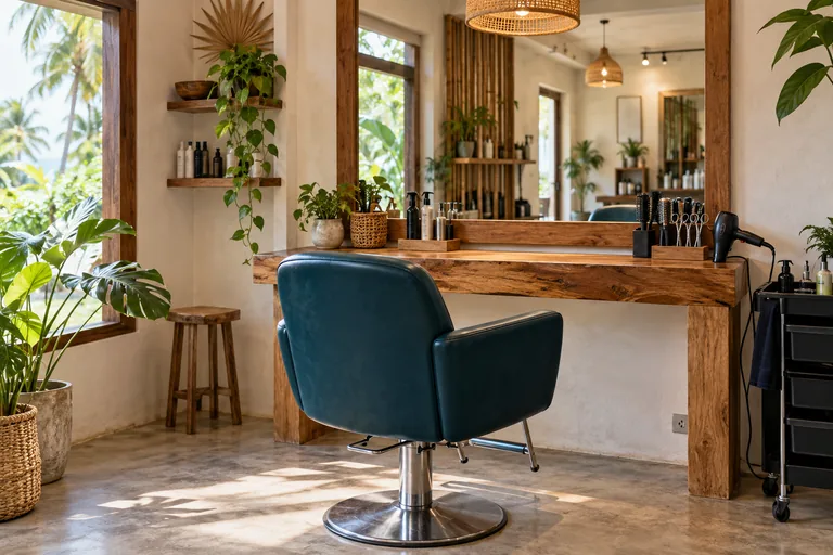 Service illustration: Salon chair, mirror and hairstyling tools in a tropical hair salon