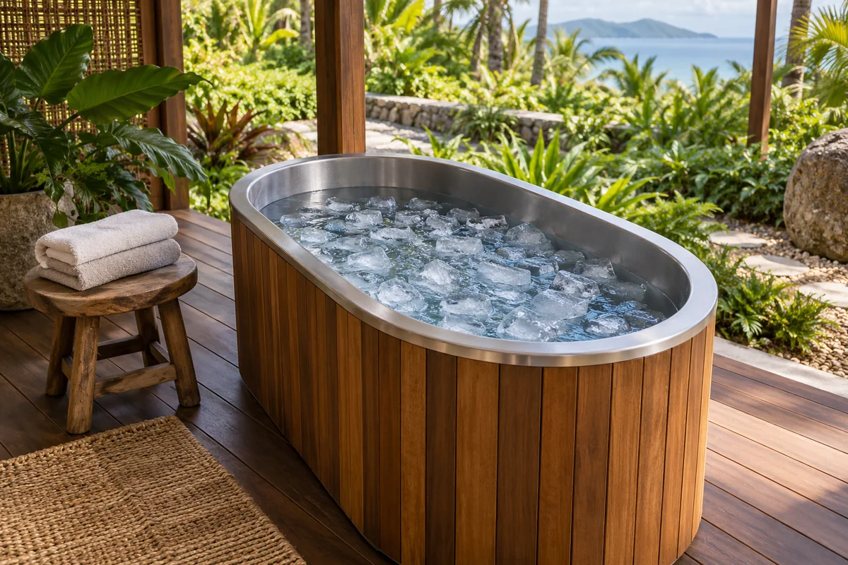 Ice bath and cold plunge tub Illustration: a cold plunge tub filled with water and visible ice