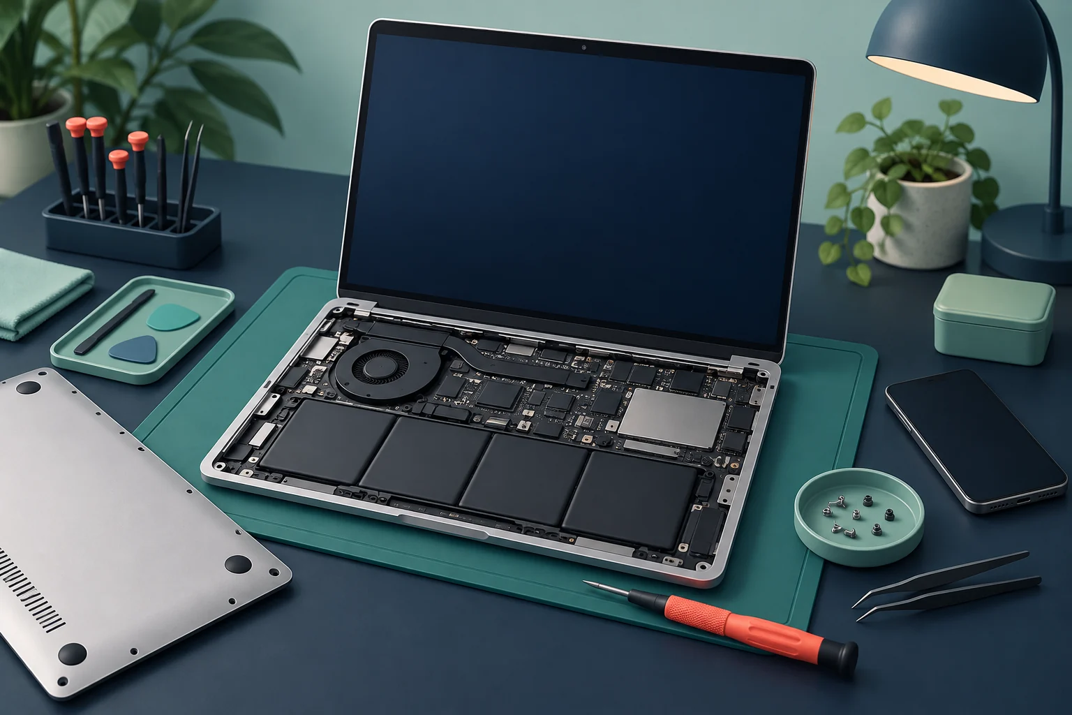 Service illustration: Laptop repair with precision tools