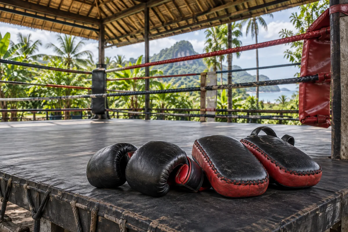 Illustration: a boxing ring, gloves and pads in an open-air Muay Thai gym