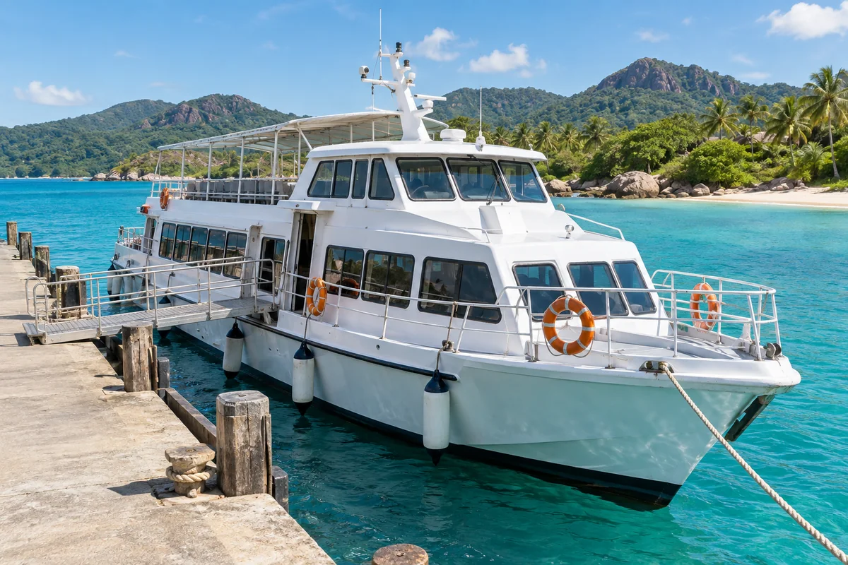 Island passenger ferry at a pier Illustration: a passenger ferry moored at a tropical island pier