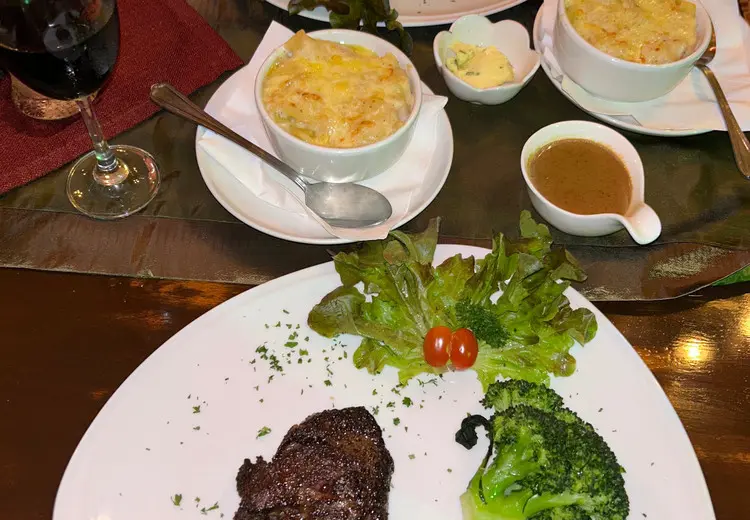 Steak, vegetables and potato gratin served at Peppercorn Koh Phangan