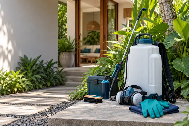 Service illustration: Pest control equipment and protective accessories beside a tropical home