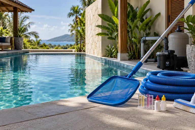 Service illustration: Pool maintenance tools beside a villa pool