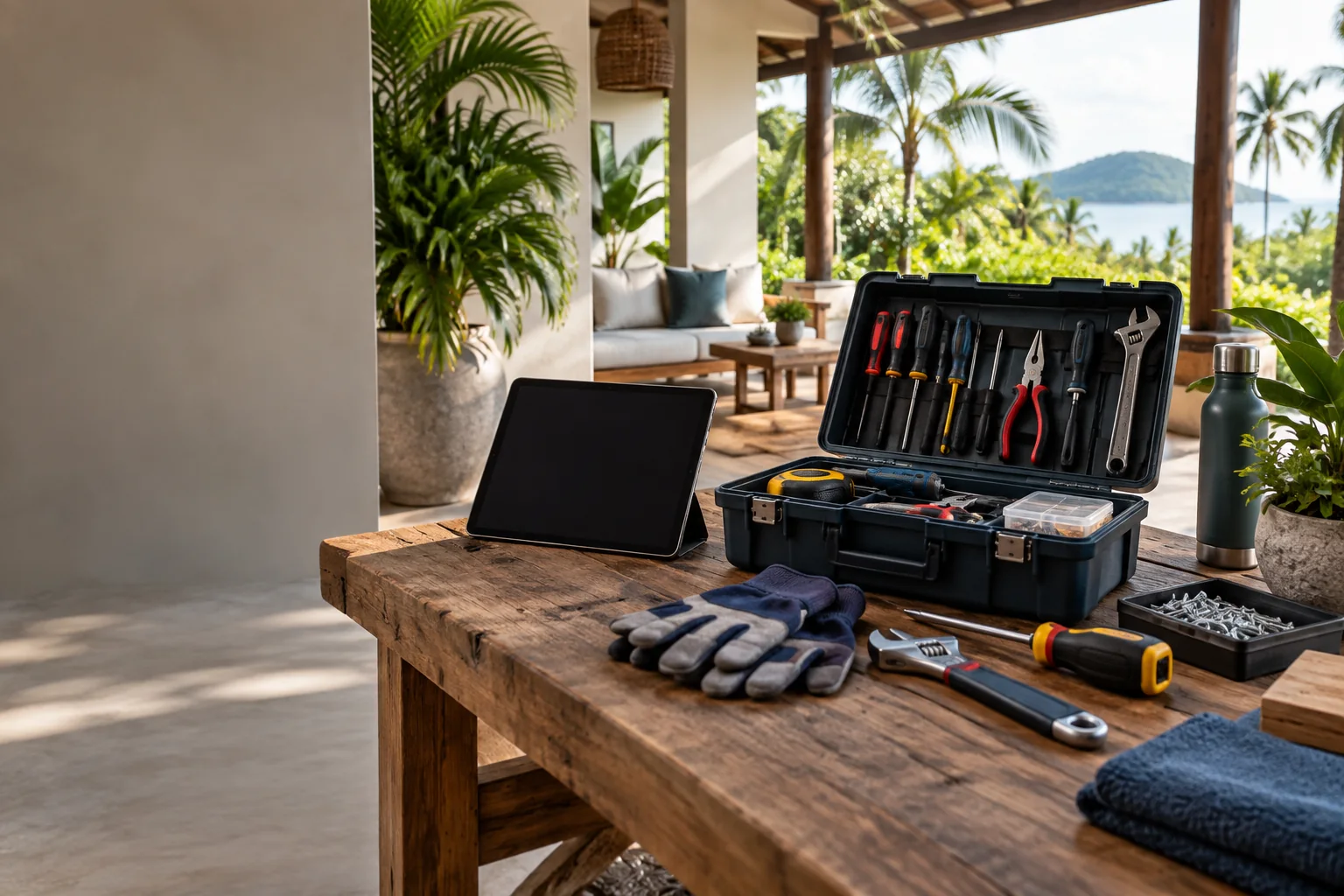 Service illustration: Professional tools and a tablet on a tropical home workbench