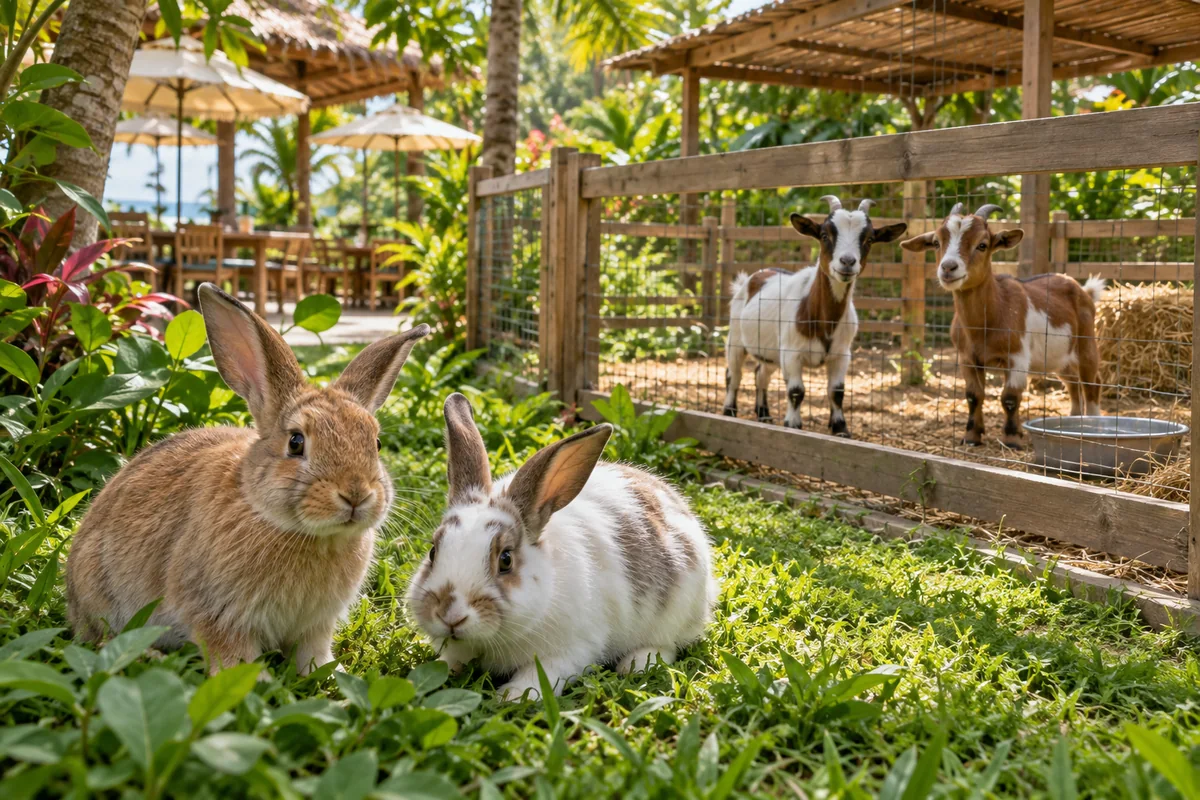 Illustration: small animals in a spacious enclosure beside a tropical family café