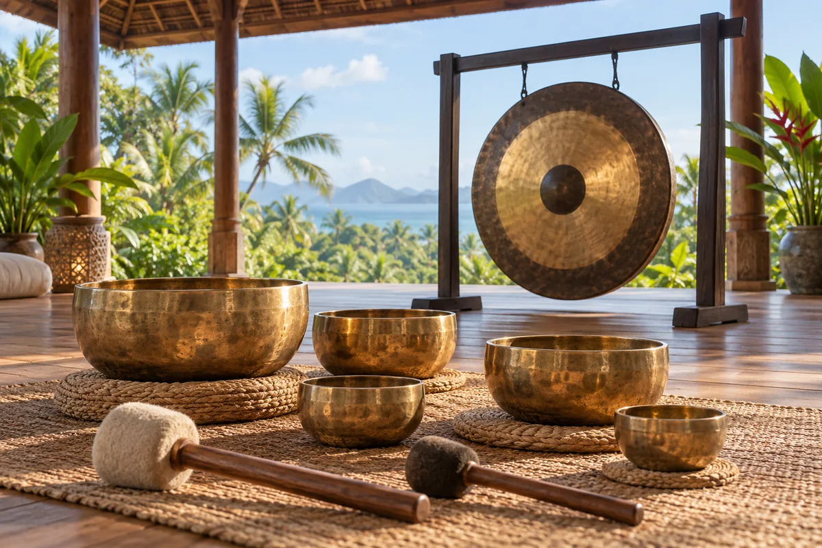 Illustration: singing bowls and a gong arranged in a tropical practice pavilion