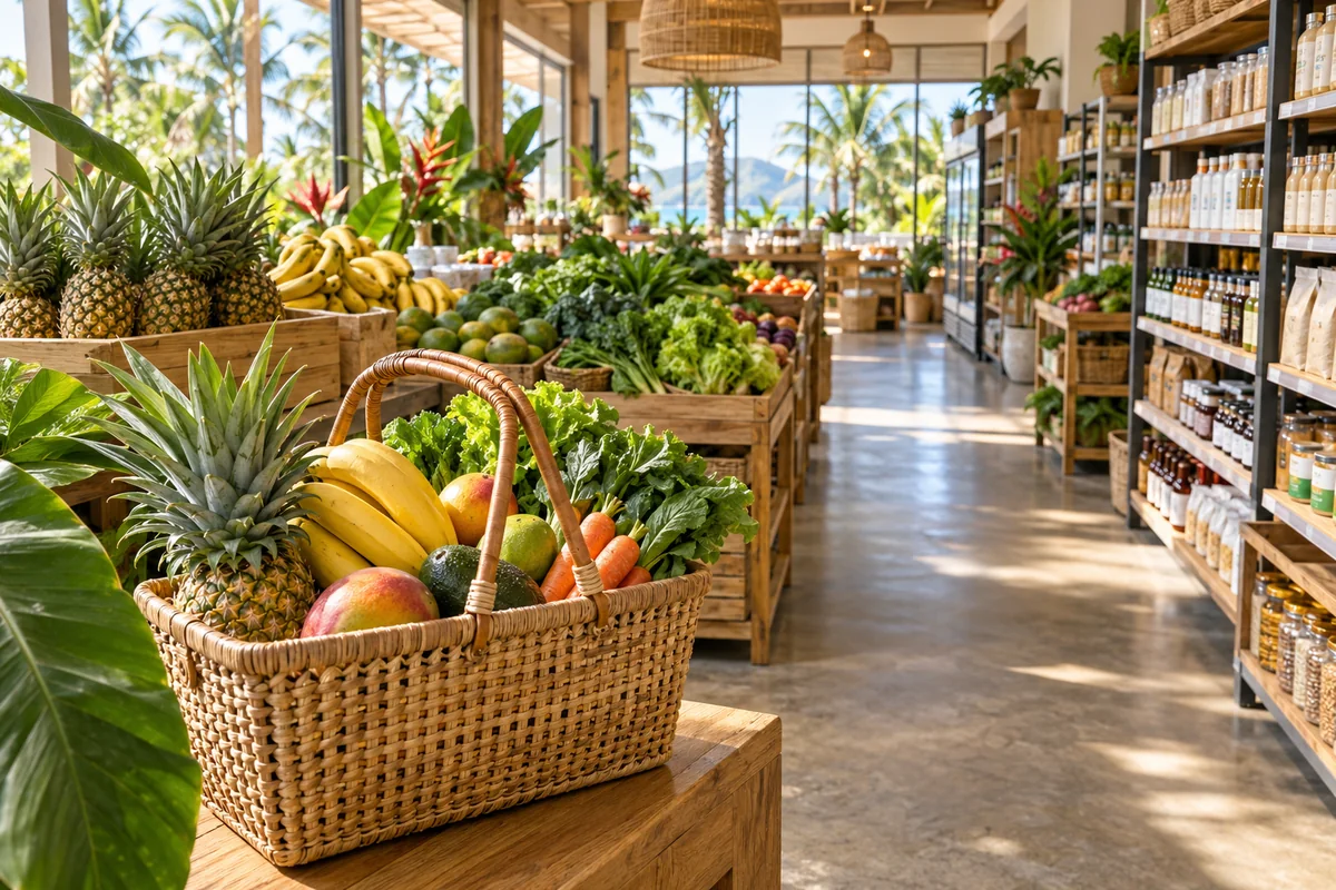 Illustration: fresh produce, grocery aisles and a shopping basket in a tropical supermarket