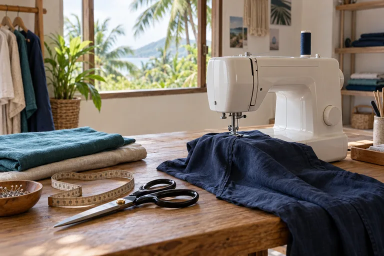 Service illustration: Sewing machine, fabric and garment alteration tools in a tropical tailoring workspace