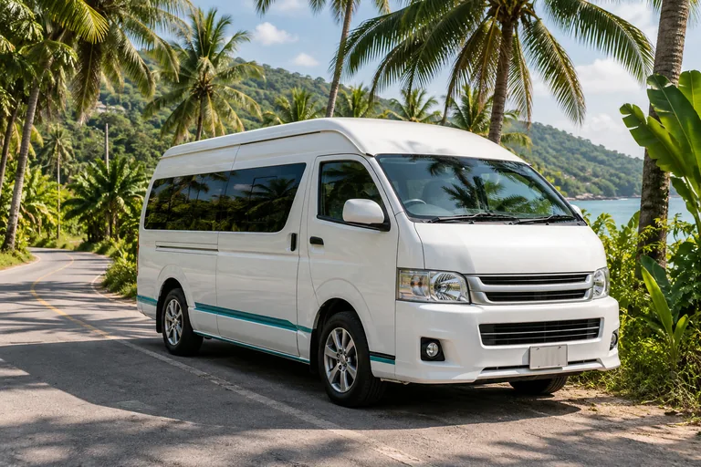 Service illustration: Passenger van on a palm-lined island road