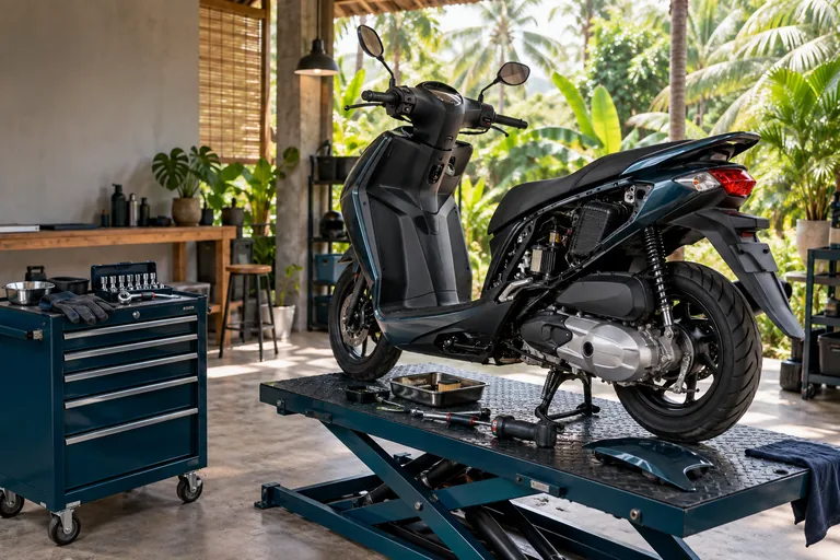Service illustration: Scooter maintenance in a well-equipped repair workshop