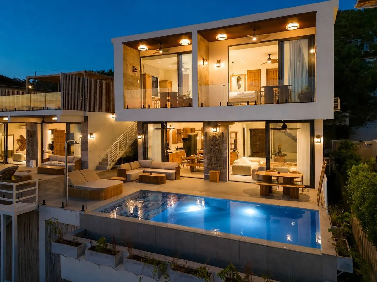 Villa Gaia, Nai Wok — villa exterior and private pool at dusk — Crazy GAKKO Stay